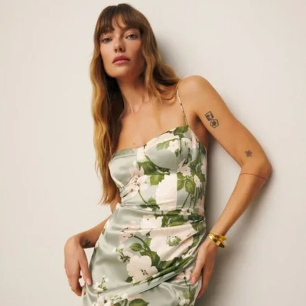 Reformation Marguerite Silk Dress in Tarragon